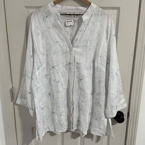 Carroll Reed Blouse Women 3X White 100% Linen Floral Embroidered Tunic Shirt NWT